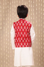 Load image into Gallery viewer, White Kurta Pyjama Co-ord Set with Red Jaipuri Floral Print Jacket
