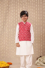 Load image into Gallery viewer, White Kurta Pyjama Co-ord Set with Red Jaipuri Ikat Print Jacket
