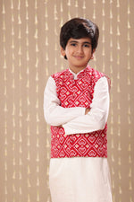 Load image into Gallery viewer, White Kurta Pyjama Co-ord Set with Red Jaipuri Ikat Print Jacket
