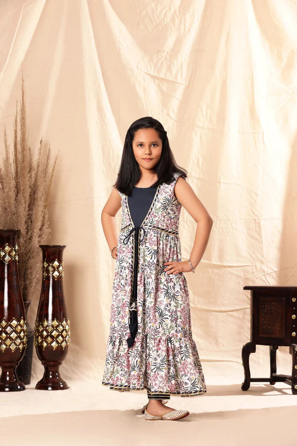 Navy Blue Embellished Kurta and Pant with Printed Shrug