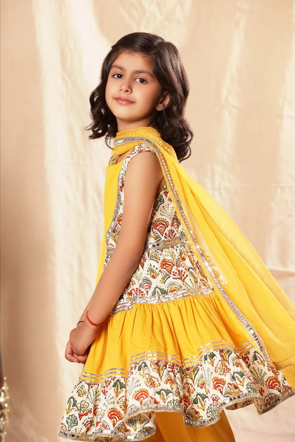 Embellished Short Printed Frock Suit and Pant Set