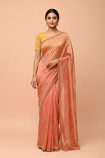 Load image into Gallery viewer, Coral Peach Embroidered Georgette Saree
