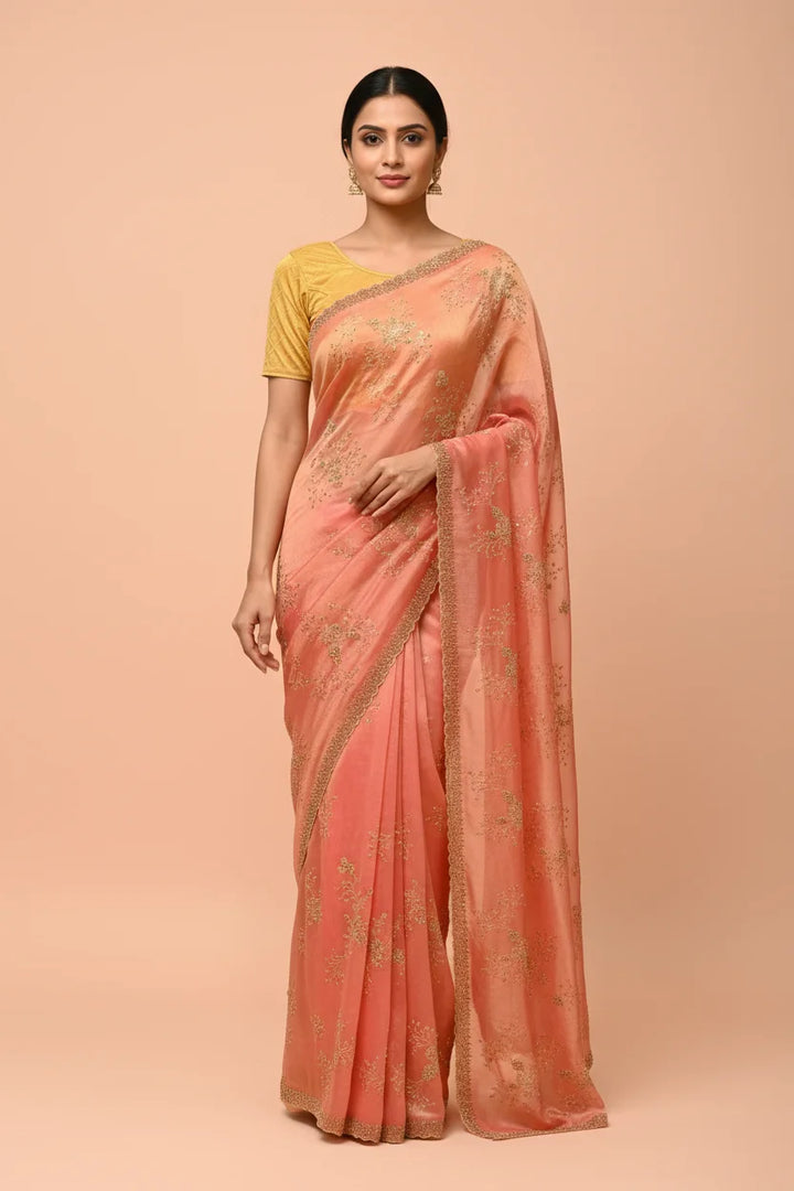 Coral Peach Embroidered Georgette Saree