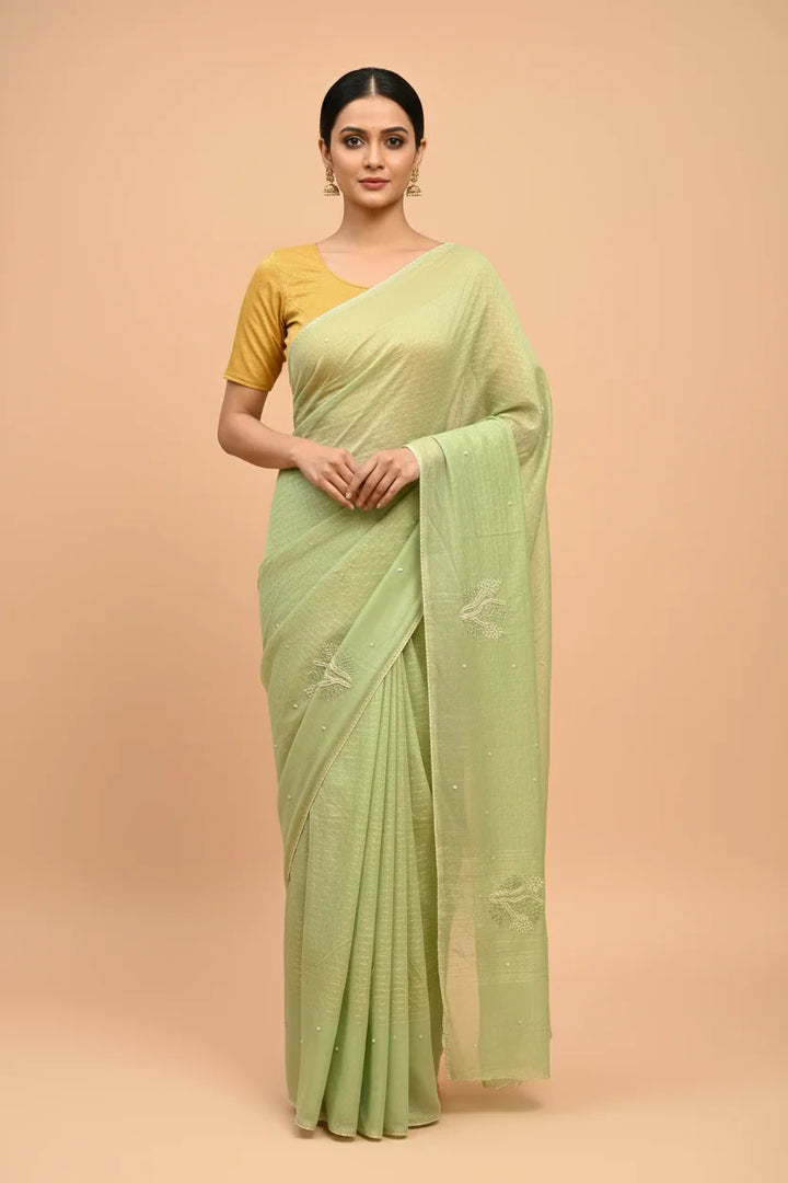 Pistachio Pearl Embroidered Saree