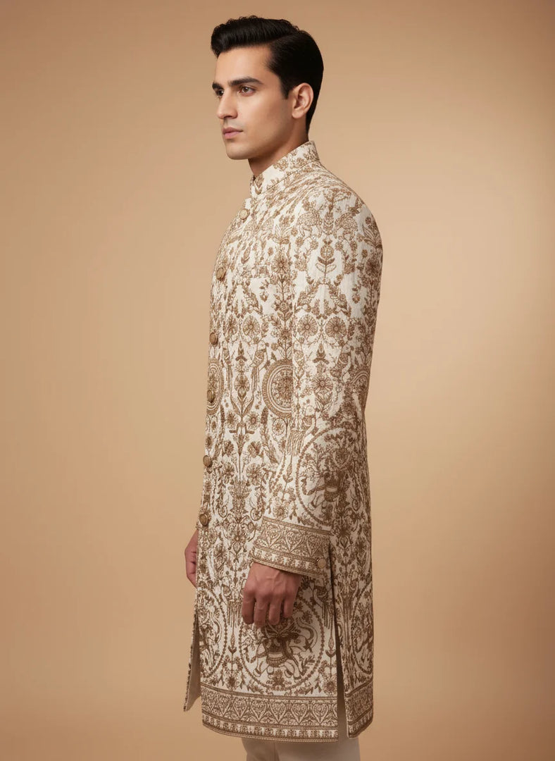 Regal Cream & Gold Embroidered Sherwani