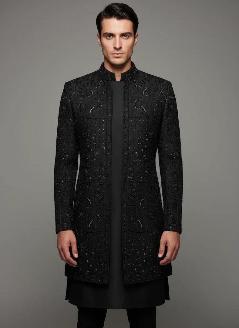 Regal Black Hand-Embroidered Sherwani for Men